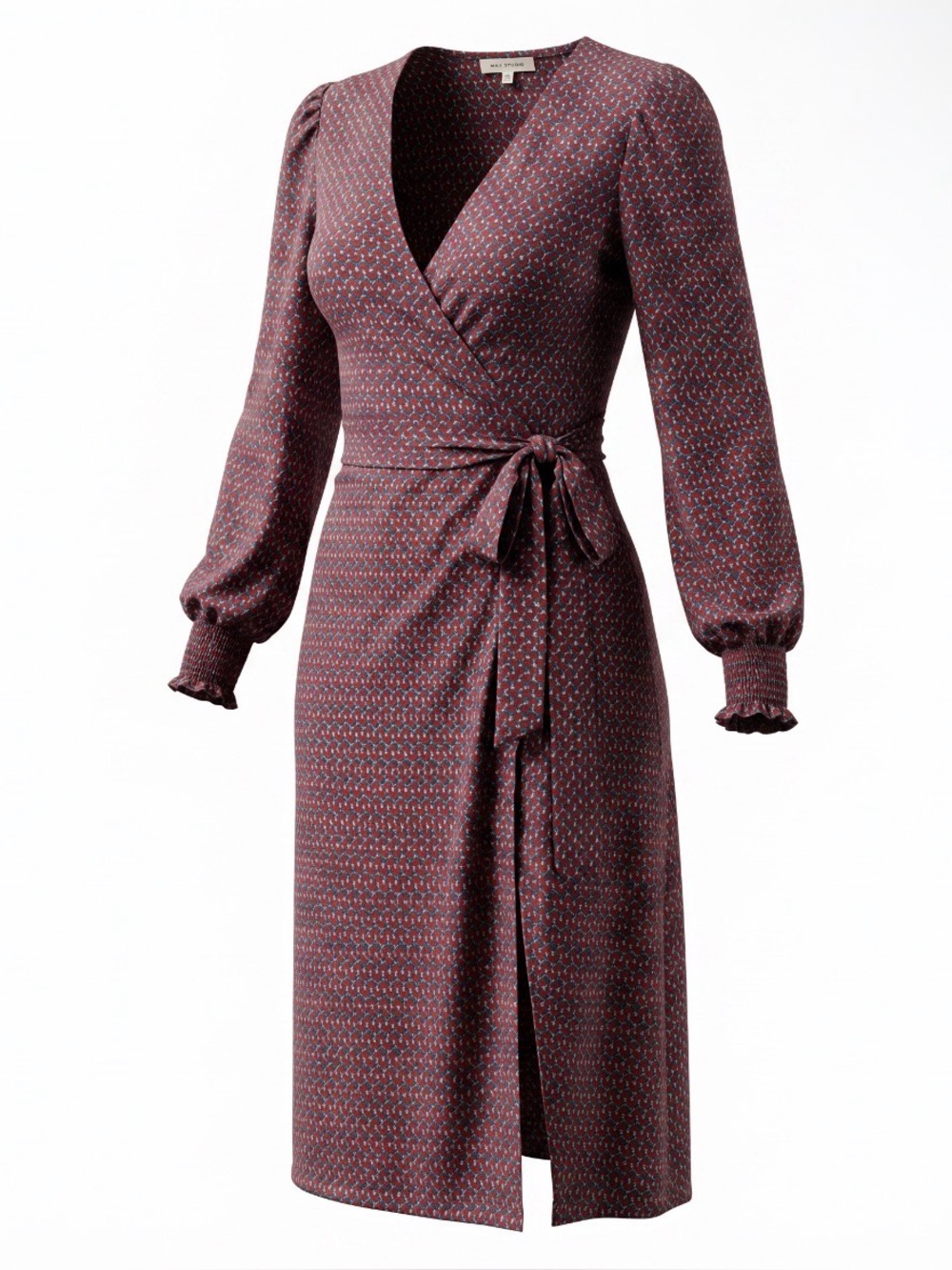 Max Studio Long-Sleeve Wrap Dress in Rust and Blue Pattern